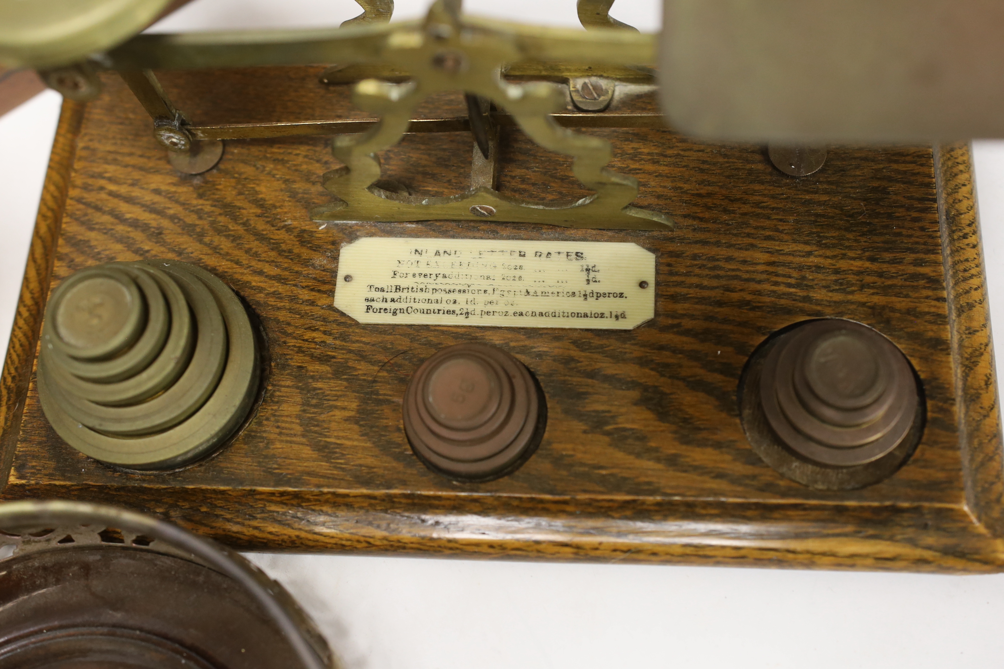Letter scales and weights, a inlaid box, a carved box, a pair of plated coasters, carriage clock, inlaid box 33cm wide x 13cm high